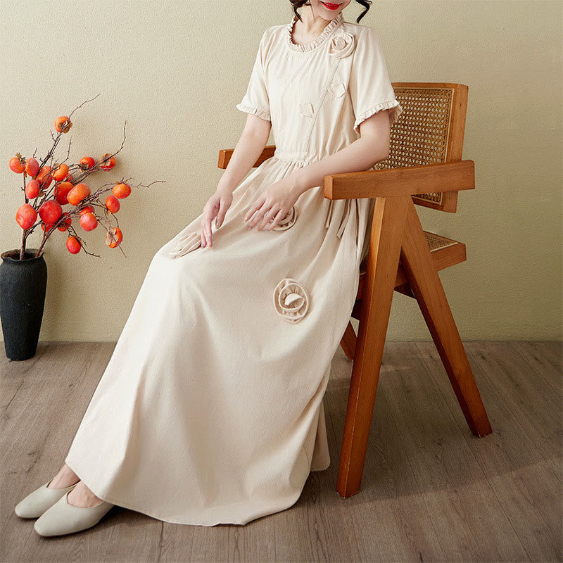Buddha Stones Three-Dimensional Flower Ruffled Short Sleeve Cotton Linen Midi Dress With Pockets - Beige - US8-10，UK/AU12-14，EU40-42 (2XL) - image 16