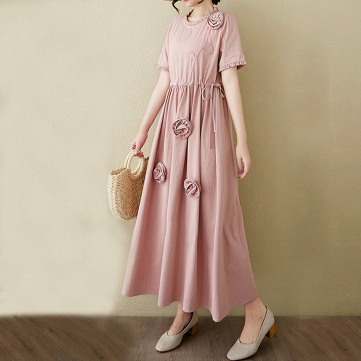 Buddha Stones Three-Dimensional Flower Ruffled Short Sleeve Cotton Linen Midi Dress With Pockets - image 3