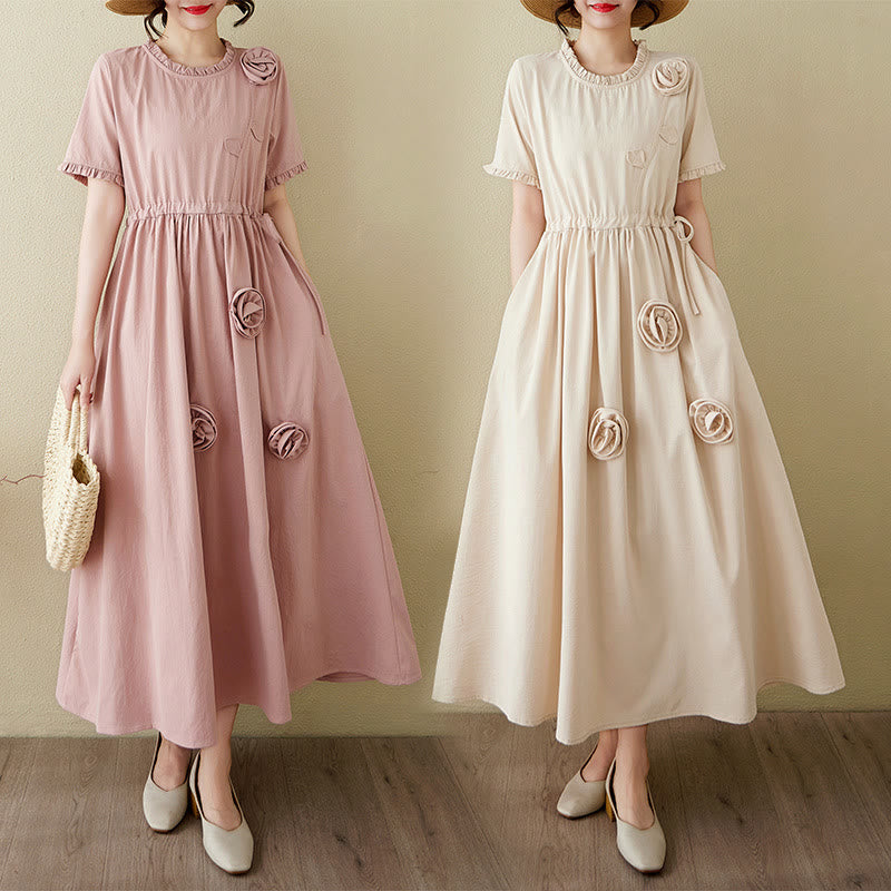 Buddha Stones Three-Dimensional Flower Ruffled Short Sleeve Cotton Linen Midi Dress With Pockets - image 21