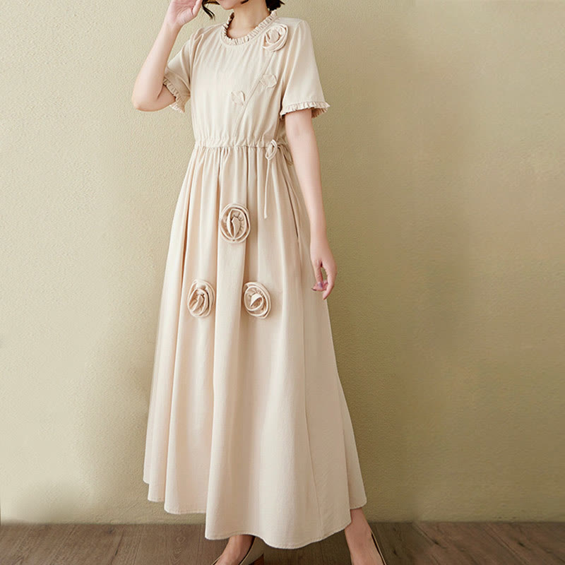 Buddha Stones Three-Dimensional Flower Ruffled Short Sleeve Cotton Linen Midi Dress With Pockets - image 19