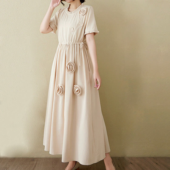 Buddha Stones Three-Dimensional Flower Ruffled Short Sleeve Cotton Linen Midi Dress With Pockets - image 19