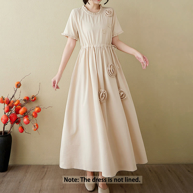 Buddha Stones Three-Dimensional Flower Ruffled Short Sleeve Cotton Linen Midi Dress With Pockets - image 17