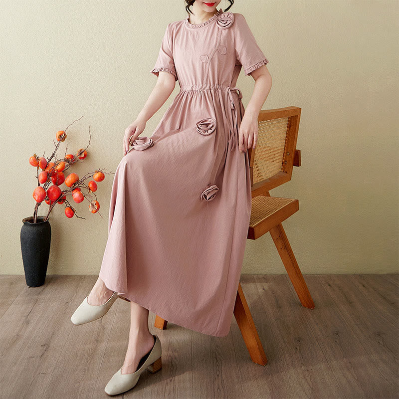 Buddha Stones Three-Dimensional Flower Ruffled Short Sleeve Cotton Linen Midi Dress With Pockets - image 6