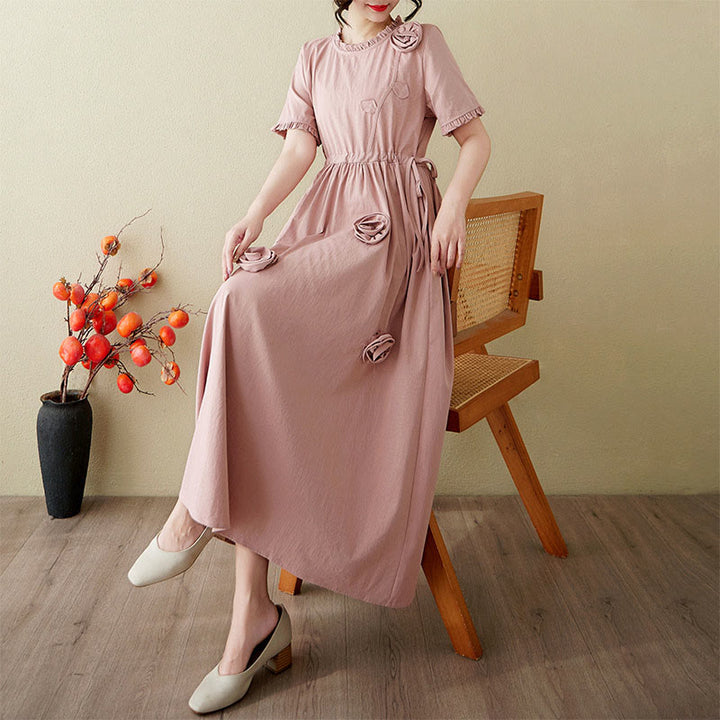 Buddha Stones Three-Dimensional Flower Ruffled Short Sleeve Cotton Linen Midi Dress With Pockets - image 6