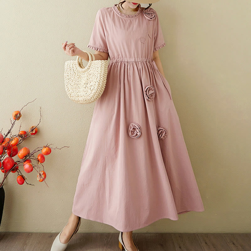 Buddha Stones Three-Dimensional Flower Ruffled Short Sleeve Cotton Linen Midi Dress With Pockets - DarkSalmon - US8-10，UK/AU12-14，EU40-42 (2XL) - image 0