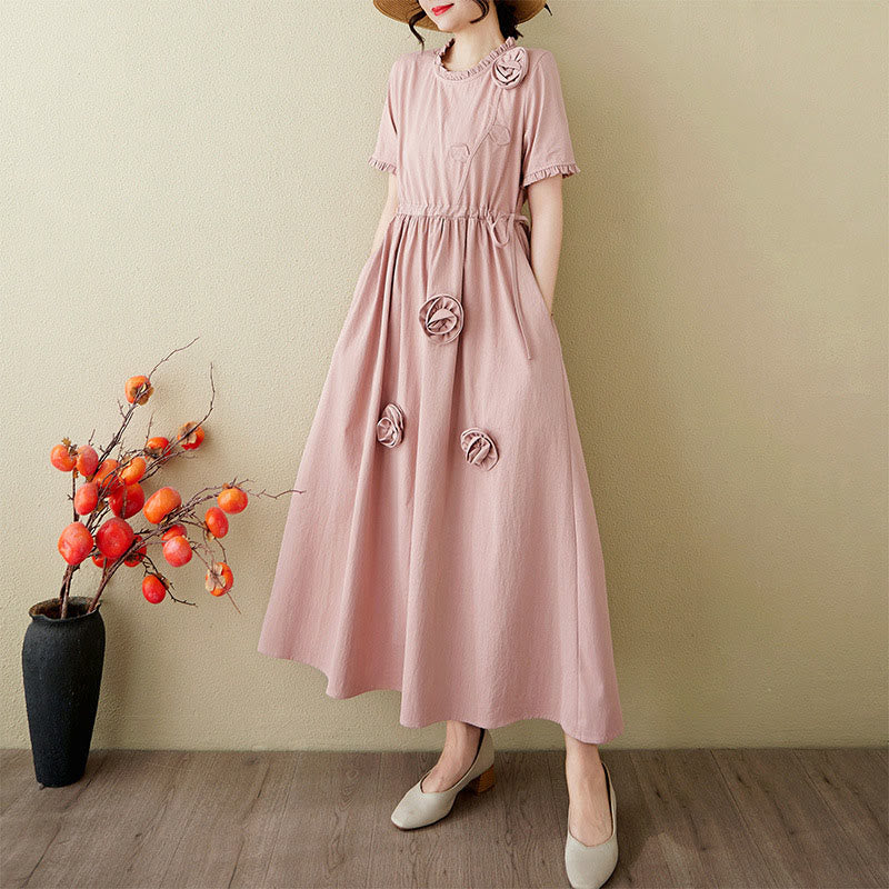 Buddha Stones Three-Dimensional Flower Ruffled Short Sleeve Cotton Linen Midi Dress With Pockets - image 2