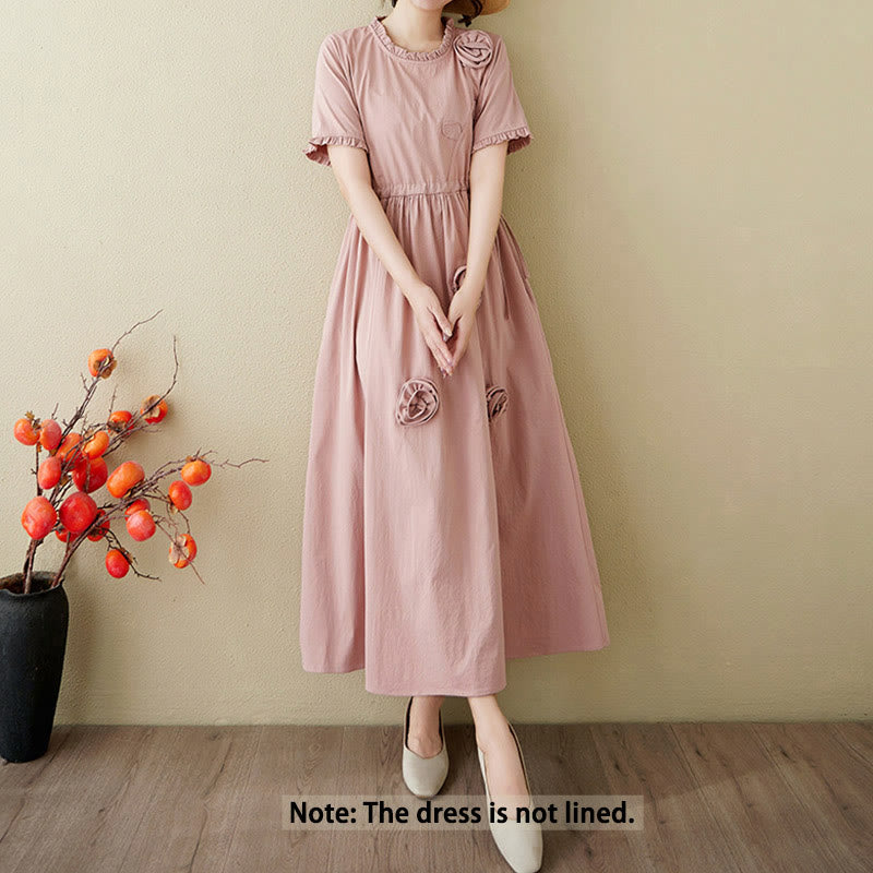 Buddha Stones Three-Dimensional Flower Ruffled Short Sleeve Cotton Linen Midi Dress With Pockets - image 1