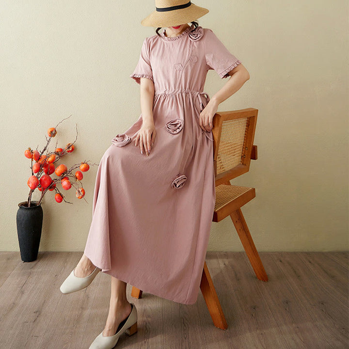 Buddha Stones Three-Dimensional Flower Ruffled Short Sleeve Cotton Linen Midi Dress With Pockets - image 7