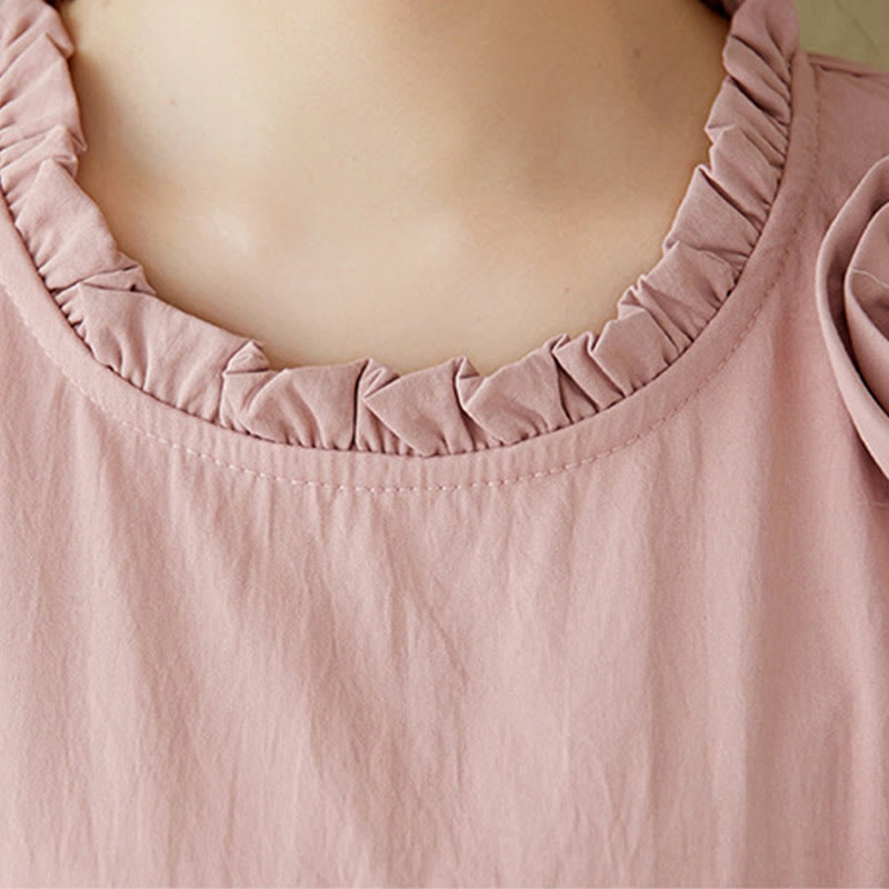 Buddha Stones Three-Dimensional Flower Ruffled Short Sleeve Cotton Linen Midi Dress With Pockets - image 8