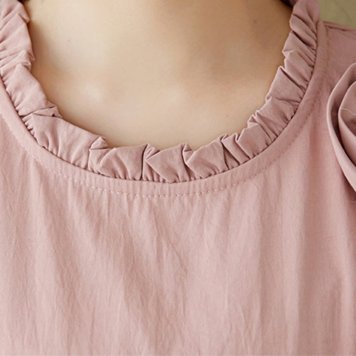 Buddha Stones Three-Dimensional Flower Ruffled Short Sleeve Cotton Linen Midi Dress With Pockets - image 8