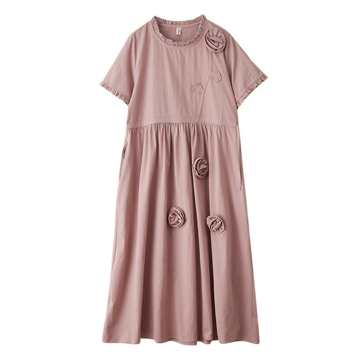Buddha Stones Three-Dimensional Flower Ruffled Short Sleeve Cotton Linen Midi Dress With Pockets - image 15