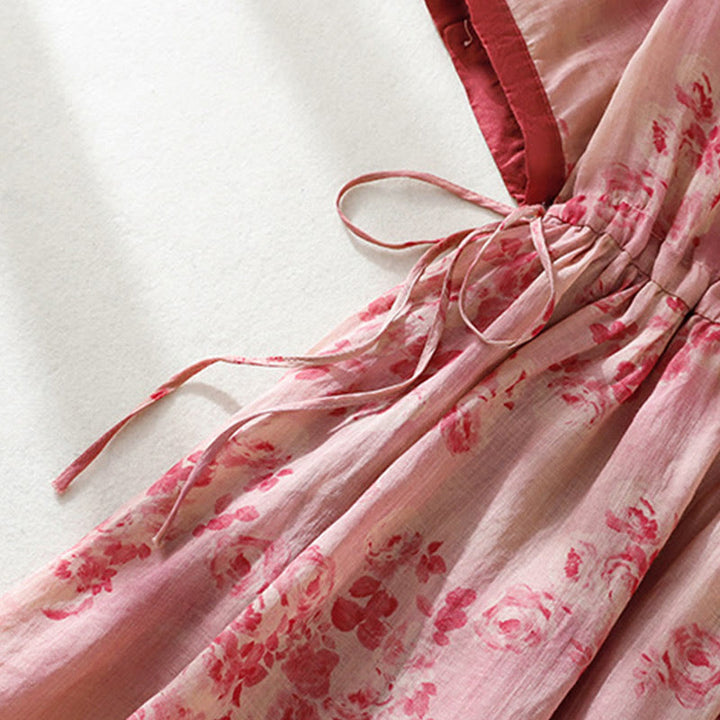 Buddha Stones Printing Buttons Drawstring High Waist Short Sleeve Midi Dress With Pockets - image 4