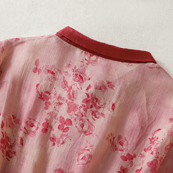 Buddha Stones Printing Buttons Drawstring High Waist Short Sleeve Midi Dress With Pockets - image 3
