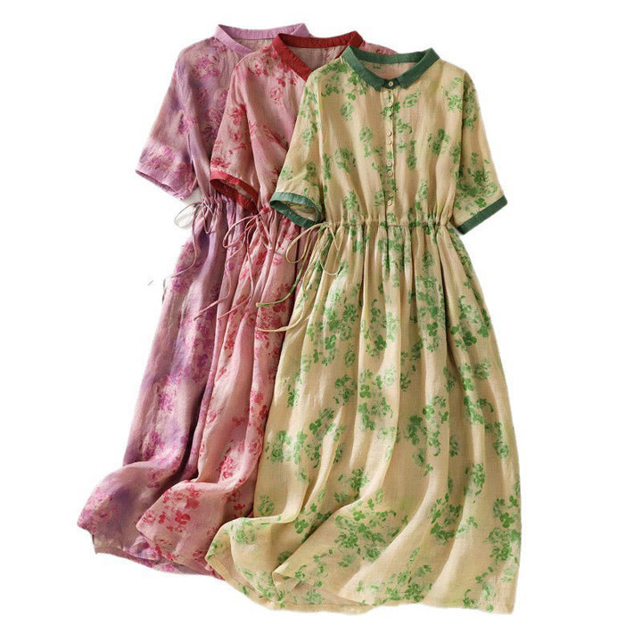 Buddha Stones Printing Buttons Drawstring High Waist Short Sleeve Cotton Midi Dress With Pockets - image 30