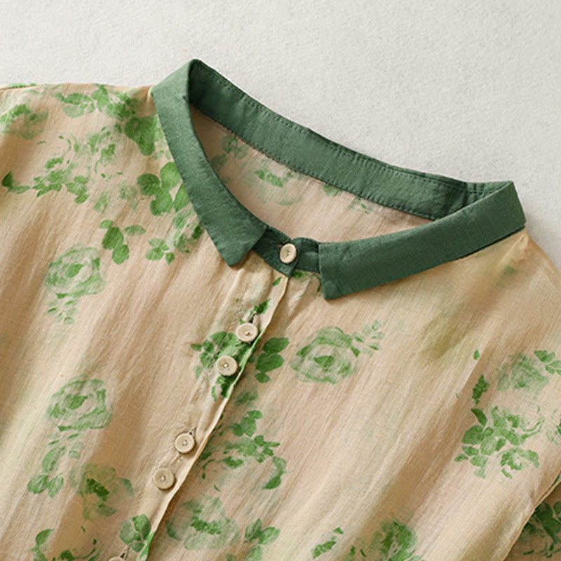Buddha Stones Printing Buttons Drawstring High Waist Short Sleeve Midi Dress With Pockets - image 9