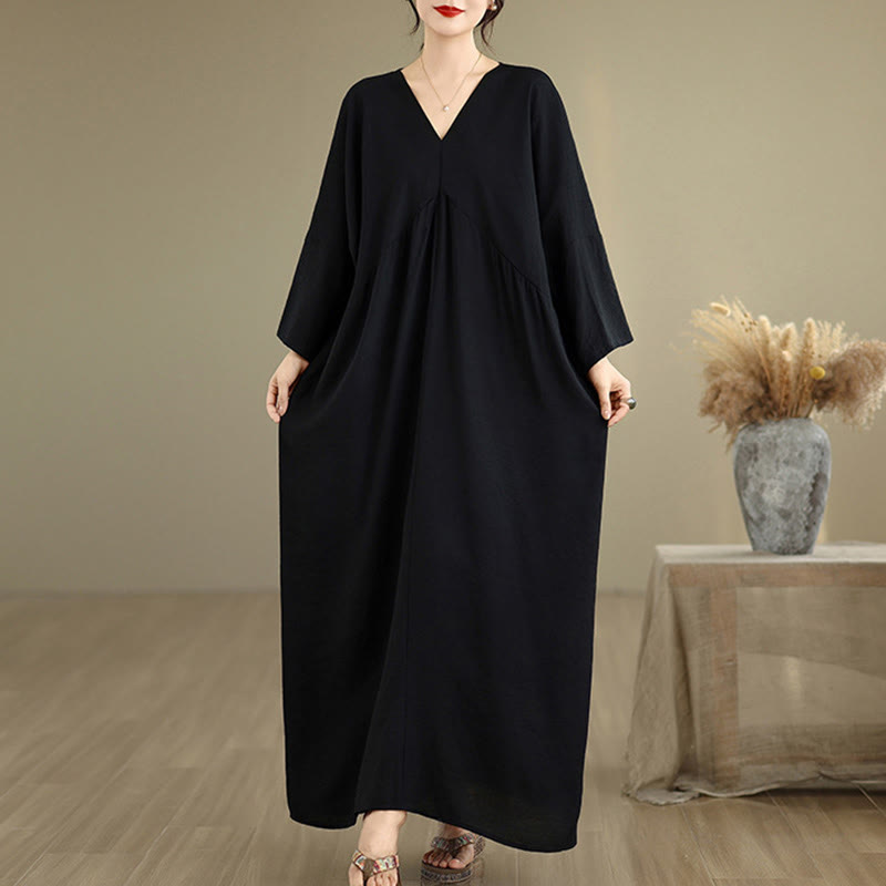 Buddha Stones Fall Pure Color V-Neck Long Sleeve Cotton Midi Dress - Black - US4-12，UK/AU8-18，EU36-46(F) - image 0