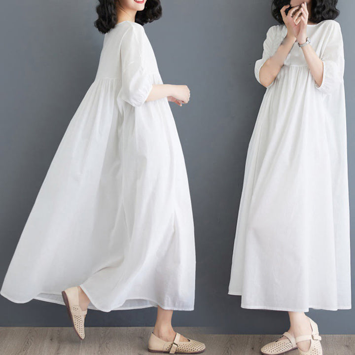 Buddha Stones Solid Color Pleated Design Crew Neck Half Puff Sleeve Cotton Midi Dress - White - US14，UK/AU18，EU46 (2XL) - image 6