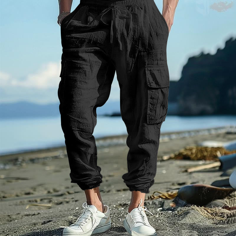 Buddha Stones Solid Color Linen Drawstring Men's Cargo Pants With Pockets - Black - US/UK/AU46，EU56 (3XL) - image 0