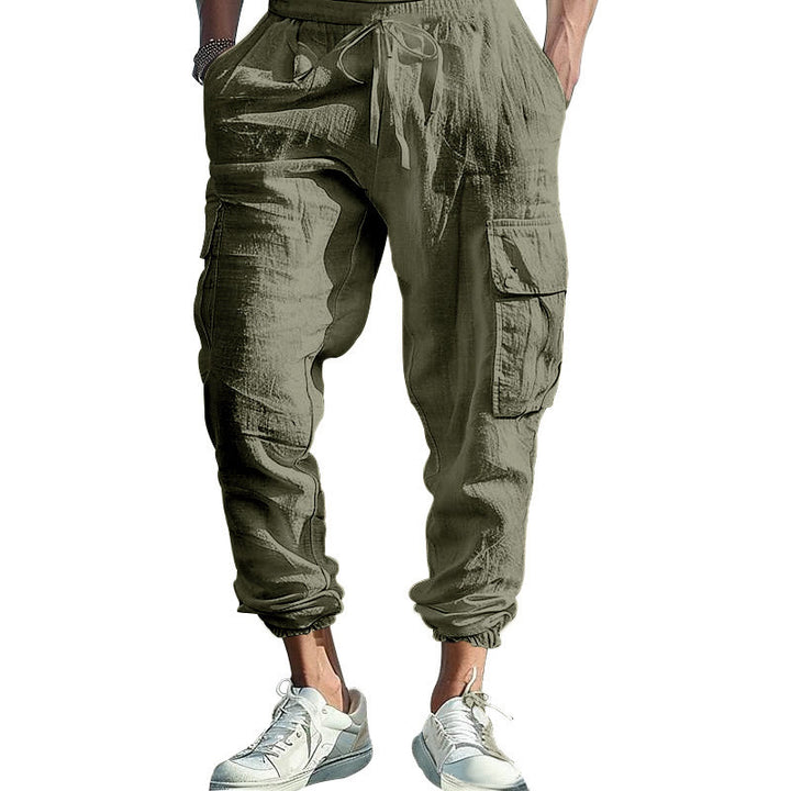Buddha Stones Solid Color Linen Drawstring Men's Cargo Pants With Pockets - DarkSeaGreen - US/UK/AU46，EU56 (3XL) - image 29