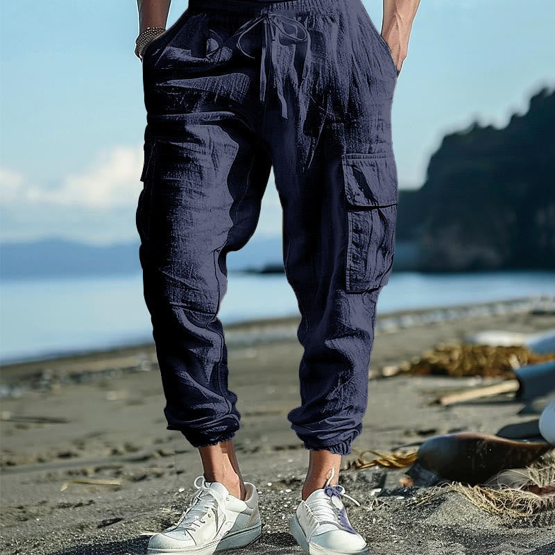 Buddha Stones Solid Color Linen Drawstring Men's Cargo Pants With Pockets - SteelBlue - US/UK/AU46，EU56 (3XL) - image 28