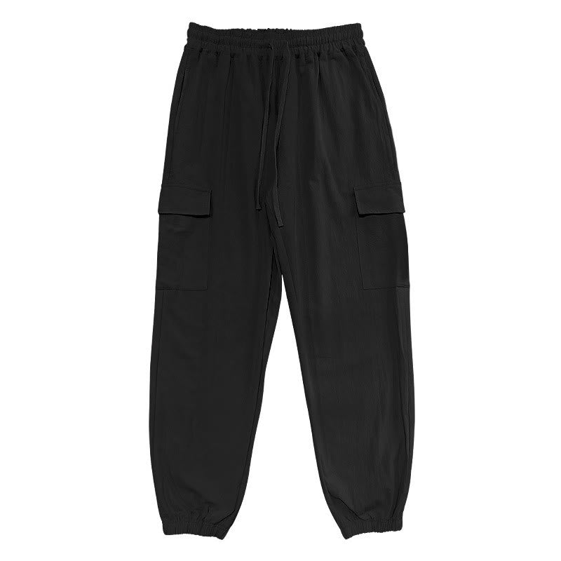 Buddha Stones Solid Color Linen Drawstring Men's Cargo Pants With Pockets - image 1