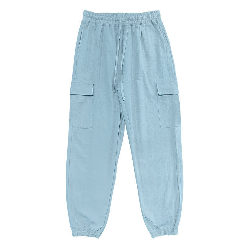 Buddha Stones Solid Color Linen Drawstring Men's Cargo Pants With Pockets - image 8