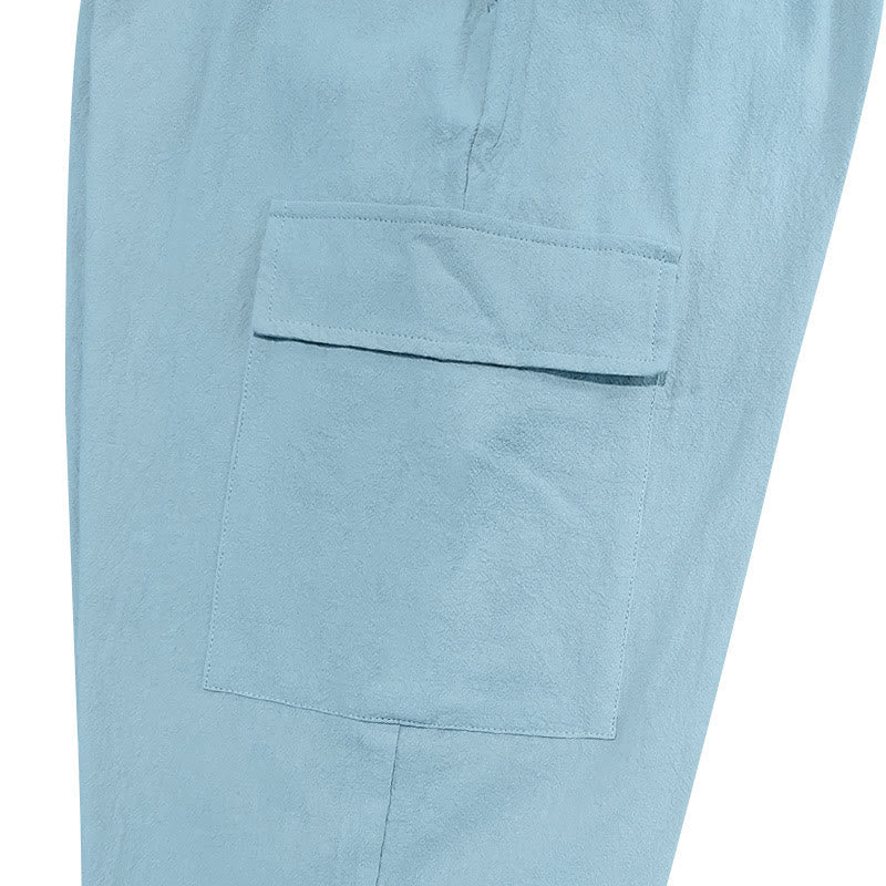Buddha Stones Solid Color Linen Drawstring Men's Cargo Pants With Pockets - image 12