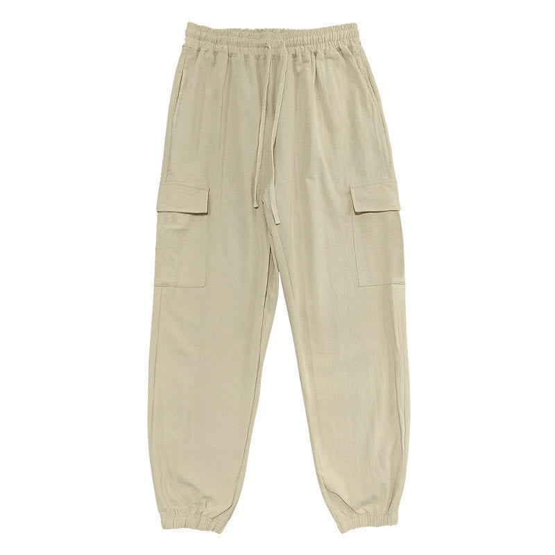 Buddha Stones Solid Color Linen Drawstring Men's Cargo Pants With Pockets - image 22