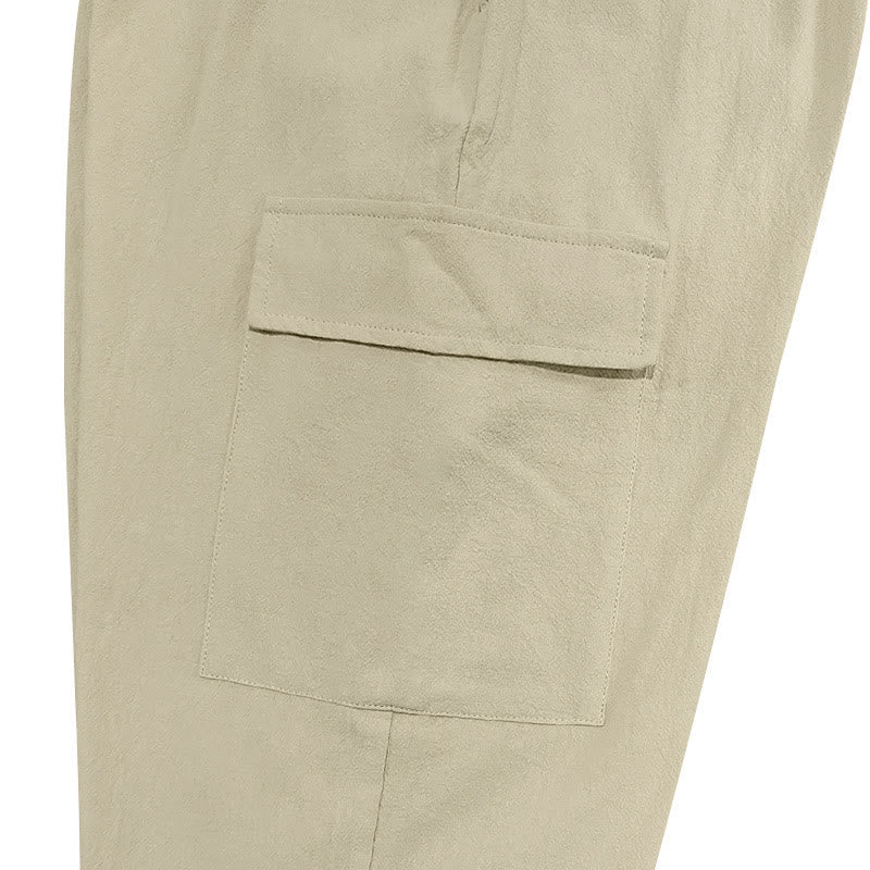 Buddha Stones Solid Color Linen Drawstring Men's Cargo Pants With Pockets - image 24