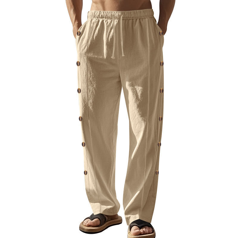 Buddha Stones Solid Color Side Buttons Men's Cotton Pants With Pockets - Bisque - US/UK/AU46，EU56 (3XL) - image 0
