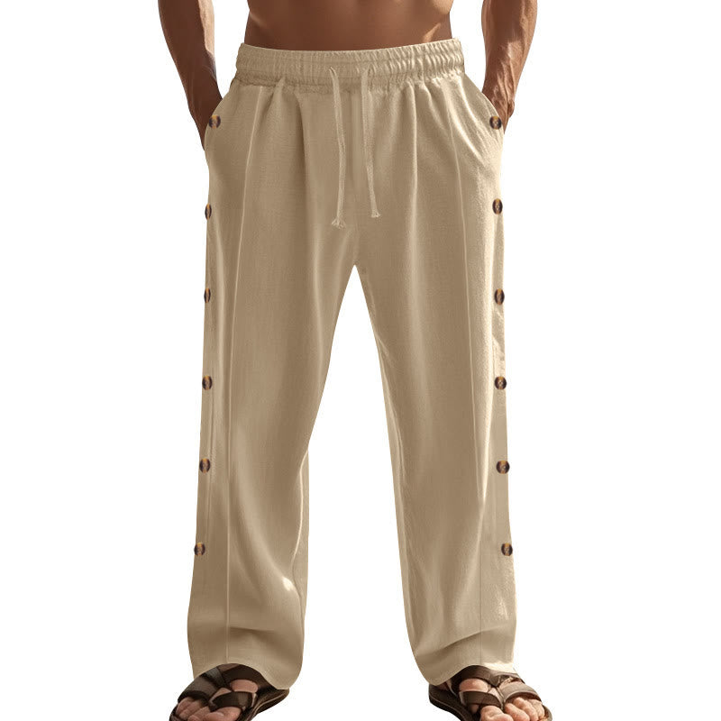 Buddha Stones Solid Color Side Buttons Men's Cotton Pants With Pockets - image 7