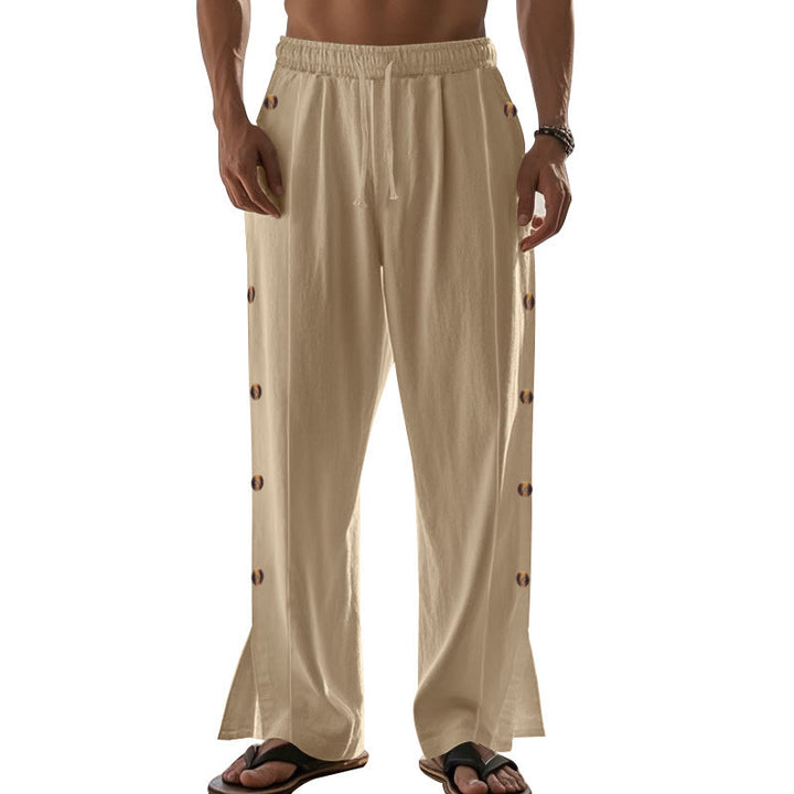 Buddha Stones Solid Color Side Buttons Men's Cotton Pants With Pockets - image 8