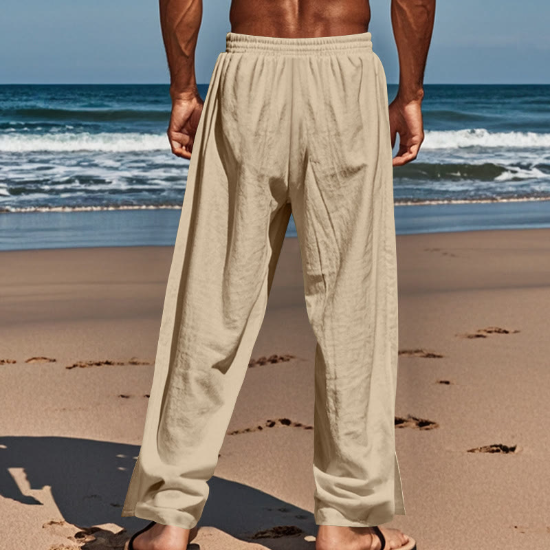Buddha Stones Solid Color Side Buttons Men's Cotton Pants With Pockets - image 3