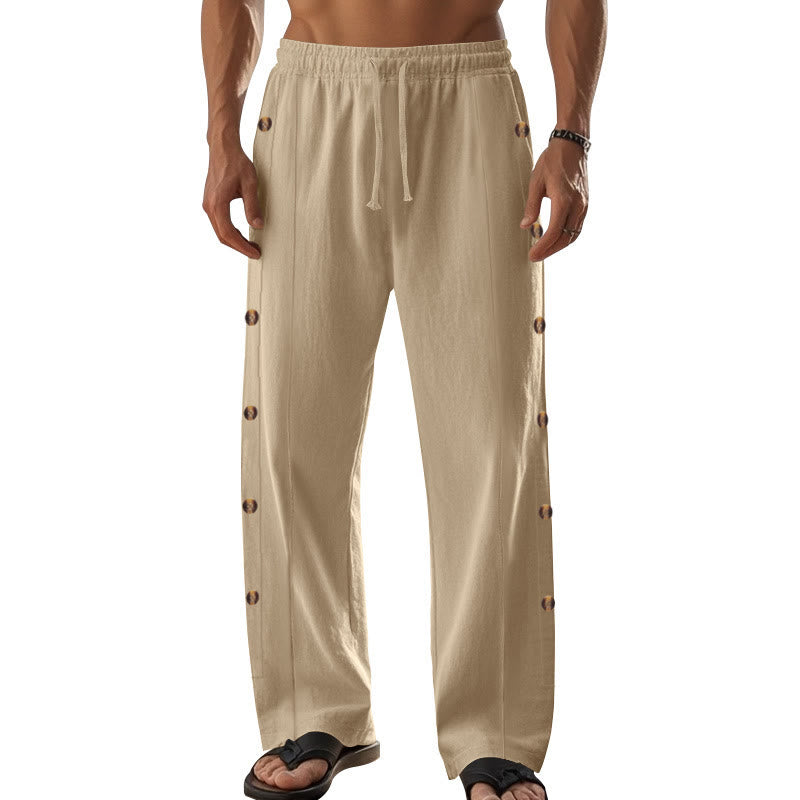 Buddha Stones Solid Color Side Buttons Men's Cotton Pants With Pockets - image 9