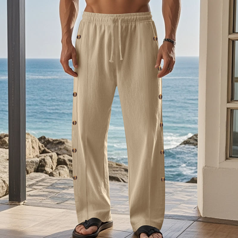 Buddha Stones Solid Color Side Buttons Men's Cotton Pants With Pockets - image 5