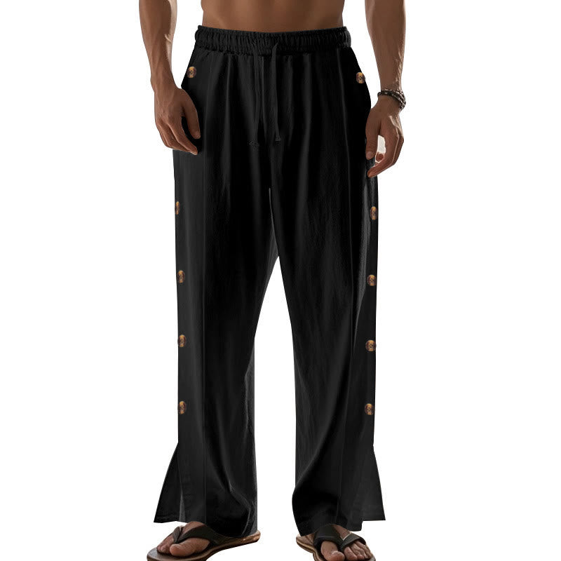 Buddha Stones Solid Color Side Buttons Men's Cotton Pants With Pockets - image 20