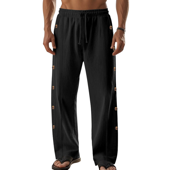 Buddha Stones Solid Color Side Buttons Men's Cotton Pants With Pockets - image 16