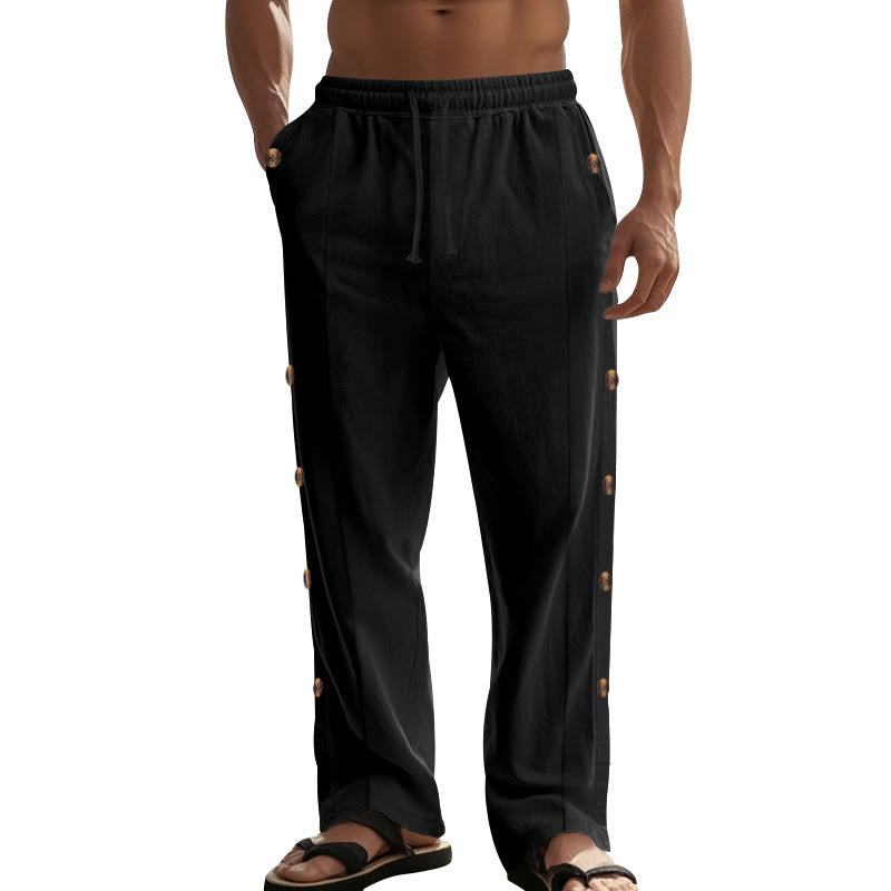 Buddha Stones Solid Color Side Buttons Men's Cotton Pants With Pockets - image 18