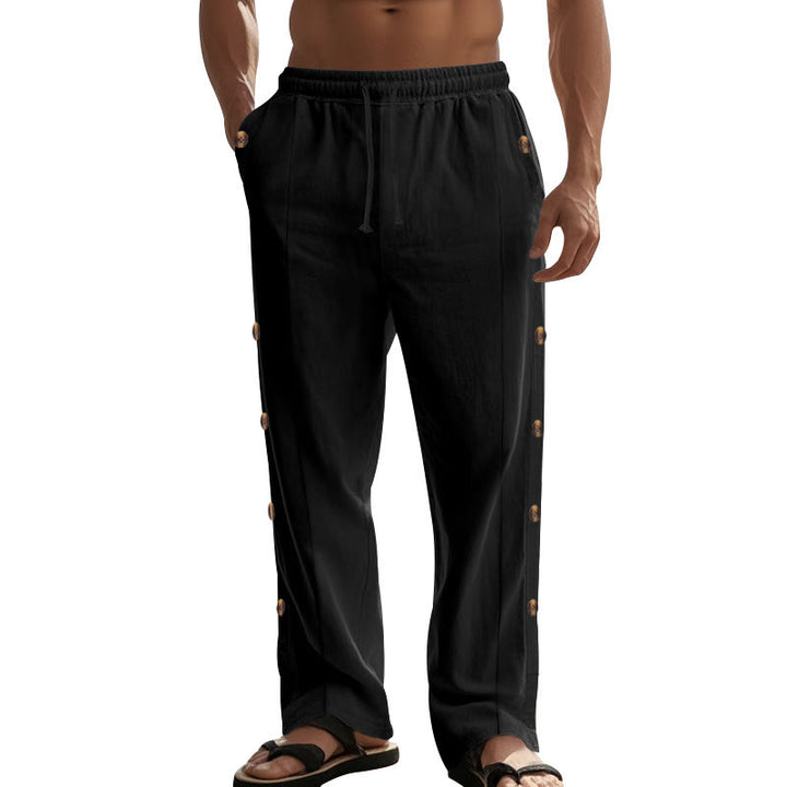 Buddha Stones Solid Color Side Buttons Men's Cotton Pants With Pockets - image 18