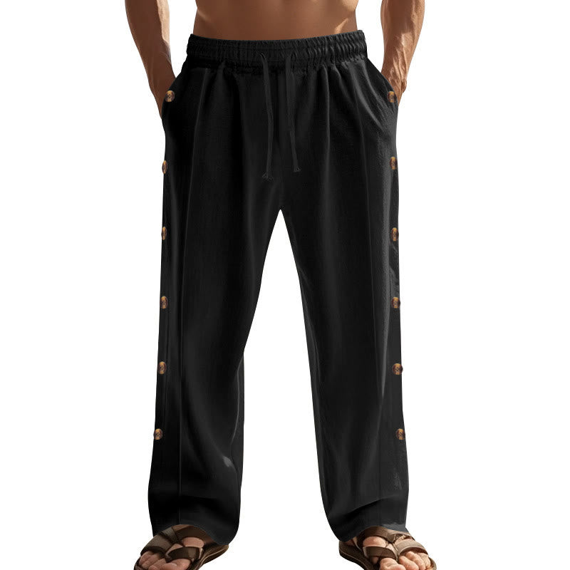 Buddha Stones Solid Color Side Buttons Men's Cotton Pants With Pockets - image 19