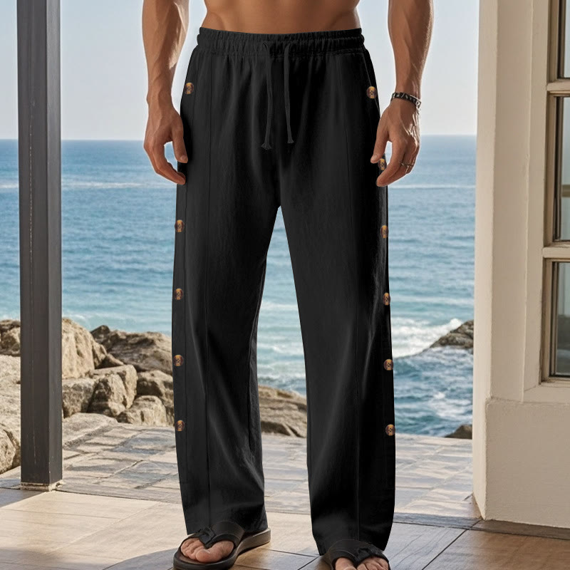 Buddha Stones Solid Color Side Buttons Men's Cotton Pants With Pockets - image 14