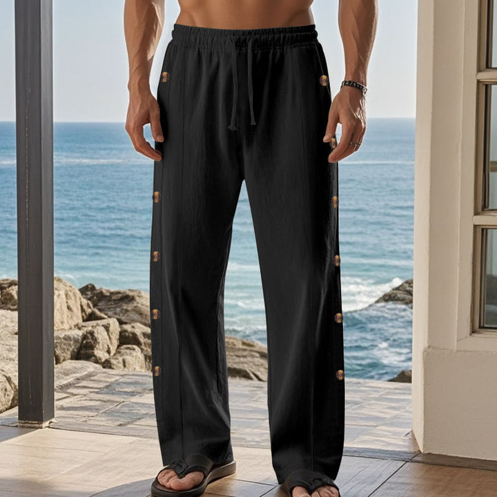 Buddha Stones Solid Color Side Buttons Men's Cotton Pants With Pockets - image 14
