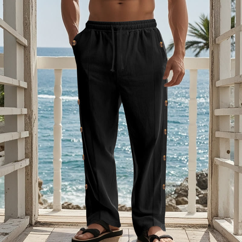 Buddha Stones Solid Color Side Buttons Men's Cotton Pants With Pockets - image 12