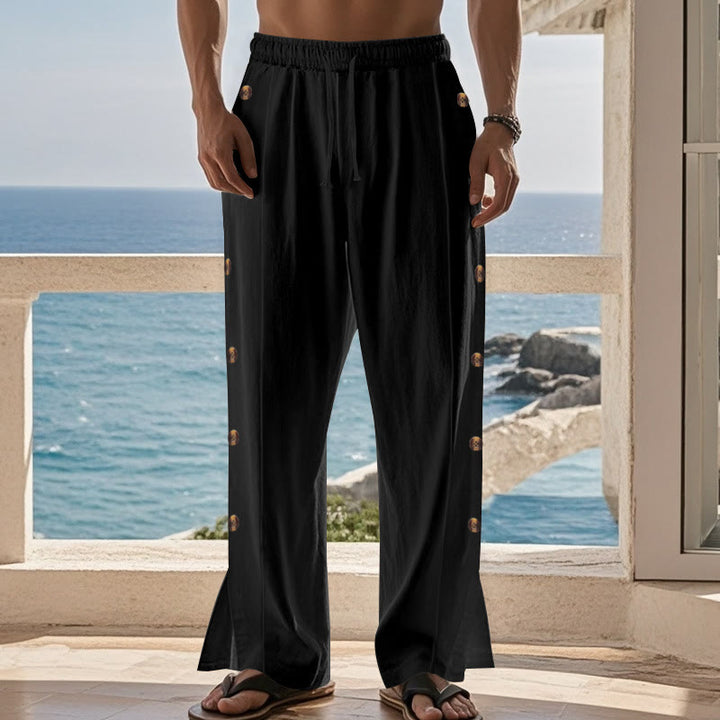 Buddha Stones Solid Color Side Buttons Men's Cotton Pants With Pockets - image 13