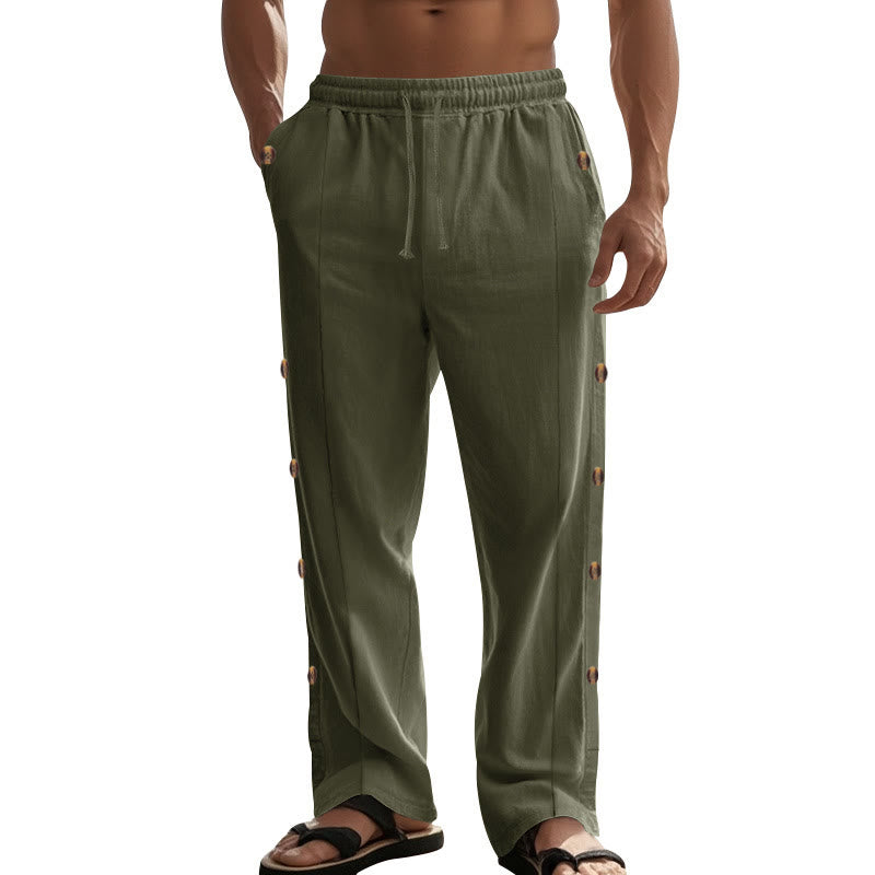 Buddha Stones Solid Color Side Buttons Men's Cotton Pants With Pockets - image 31