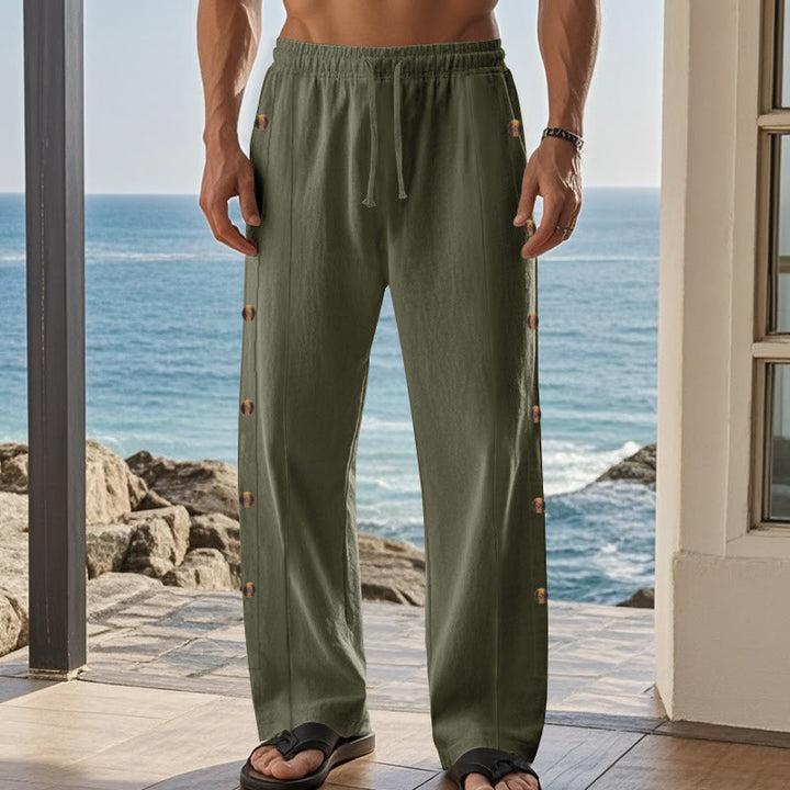 Buddha Stones Solid Color Side Buttons Men's Cotton Pants With Pockets - image 23