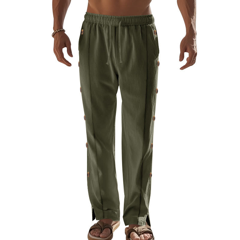 Buddha Stones Solid Color Side Buttons Men's Cotton Pants With Pockets - image 32