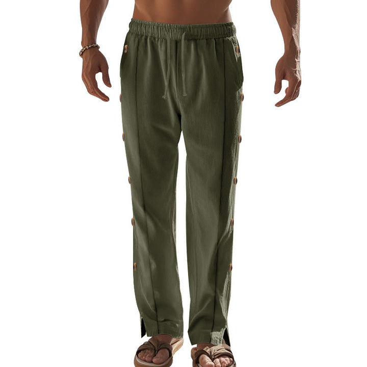 Buddha Stones Solid Color Side Buttons Men's Cotton Pants With Pockets - image 32