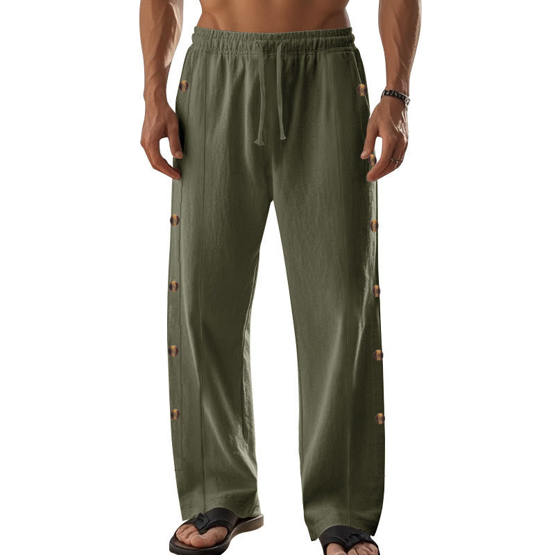 Buddha Stones Solid Color Side Buttons Men's Cotton Pants With Pockets - image 34