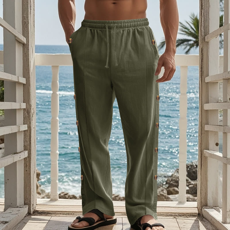 Buddha Stones Solid Color Side Buttons Men's Cotton Pants With Pockets - image 29